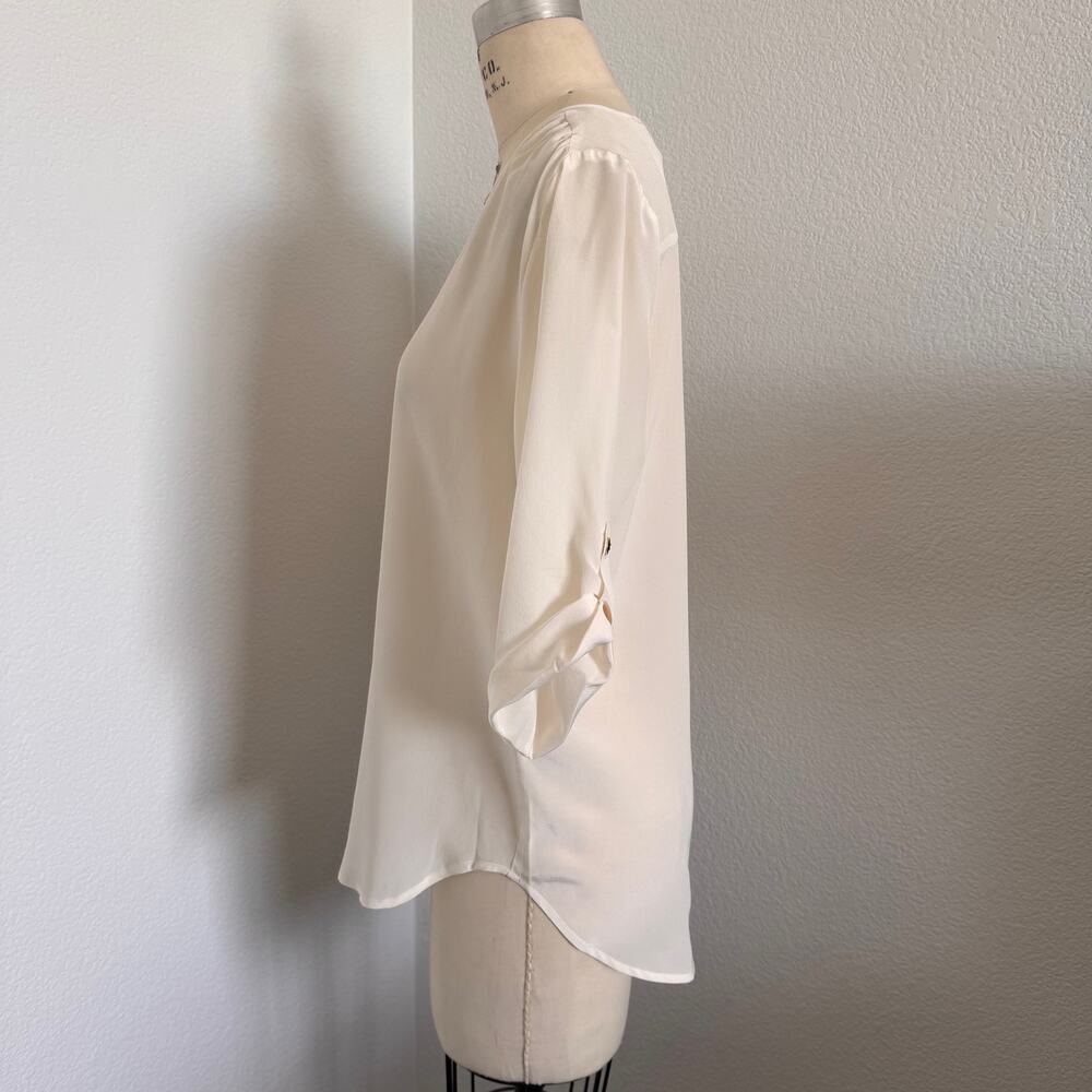 Yumi Kim S Ivory 100% Silk Pintuck Blouse 3/4 Sleeve Black Button Luxury Top - Picture 4 of 10